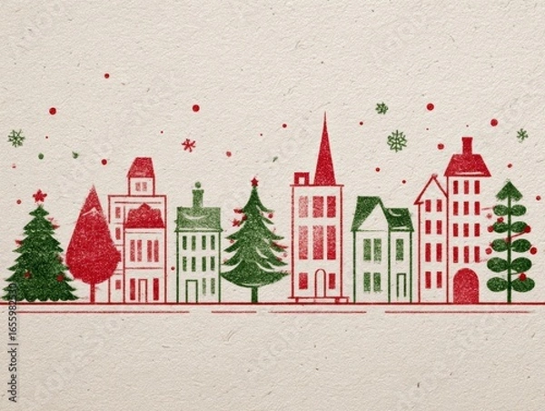 Obraz Christmas town with red and green houses and trees covered with snow and falling snowflakes on textured paper. Perfect for Christmas or New Year cards or invitations. Retro graphic illustration.