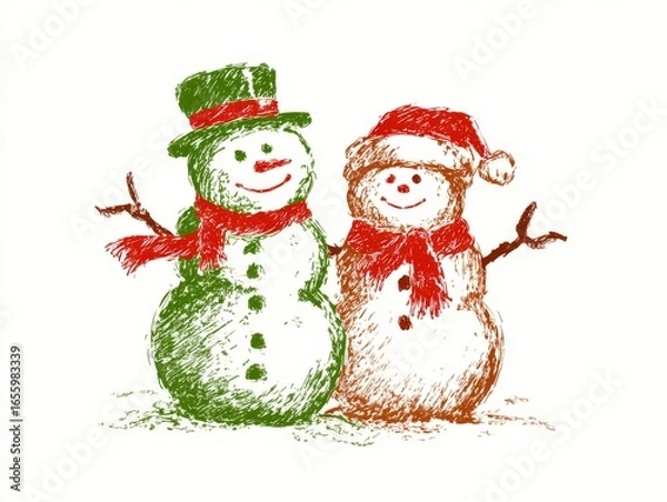 Obraz Two happy snowmen with twig arms, festive hats and red scarves standing close together. Christmas and New Year. Greeting card retro sketch style.