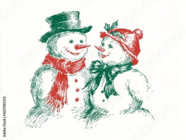Obraz Two snowmen in green top hat and red hat with holly leaves and scarves looking at each other and smiling. Christmas and New Year. For greeting cards, packaging or posters. Hand drawn image.