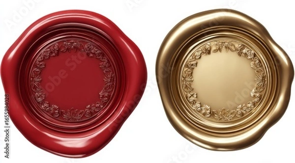 Obraz Red and gold wax seals feature embossed floral pattern on white background. Perfect for branding, certificates and vintage style labels. Realistic illustration.