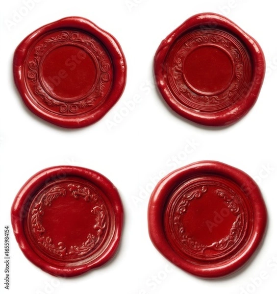Obraz Four red wax seals with decorative embossed edges and blank centers isolated on white background. For certificate production, document or letter and design projects. Realistic illustration.