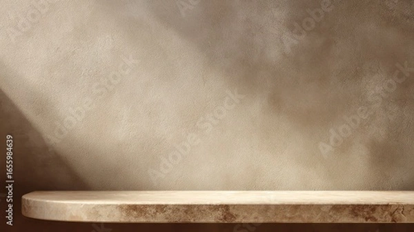 Obraz Textured off white plaster wall with warm lighting gradient, natural wooden counter resembling marble,