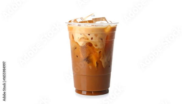 Fototapeta Refreshing Iced Coffee in Plastic Cup; Studio Shot, White Background, Cool Summer Beverage.