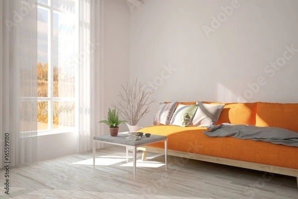 Fototapeta White minimalist room with orange sofa. Scandinavian interior design. 3D illustration