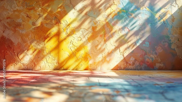 Fototapeta Colorful sunlit interior space with textured walls and patterned floor.