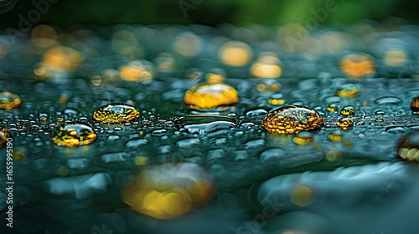 Fototapeta Close-up of water droplets on a dark surface, reflecting light.