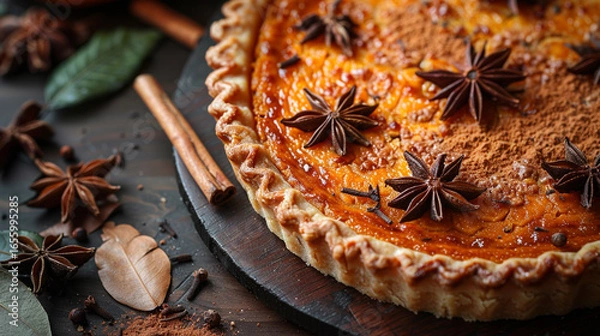 Fototapeta Close-up of a delicious pumpkin pie, topped with cinnamon, star anise, and cocoa powder.  Freshly baked, golden crust. Autumnal spices and fall leaves.