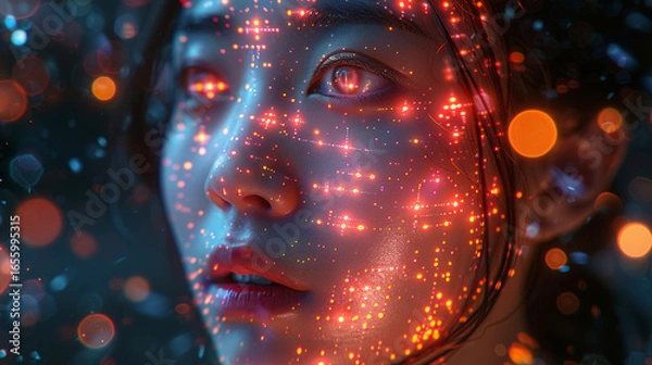 Fototapeta Close-up of a woman's face with glowing, colorful digital patterns, looking startled and amazed.