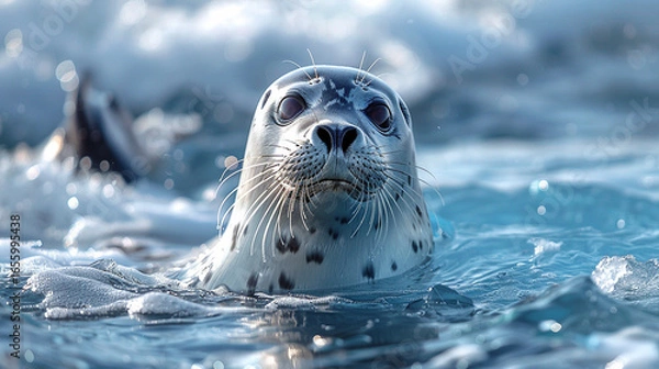 Fototapeta Close-up of a harbor seal swimming in icy water.