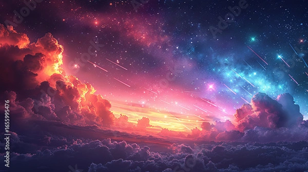 Fototapeta Colorful celestial cloudscape with shooting stars.