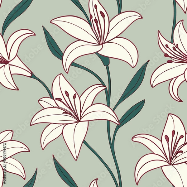 Fototapeta Cream lily flowers with green leaves on a pale green background floral pattern