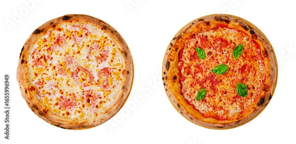 Fototapeta Two delicious pizzas with different toppings served on wooden plates