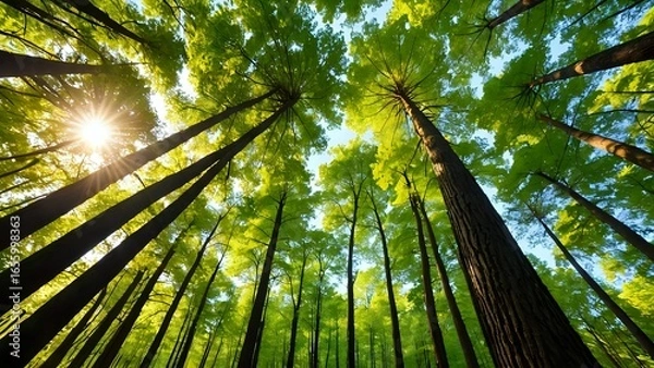 Fototapeta Sunlit canopy in a lush green forest, vibrant leaves and tall trees reaching for the sky, low angle view.