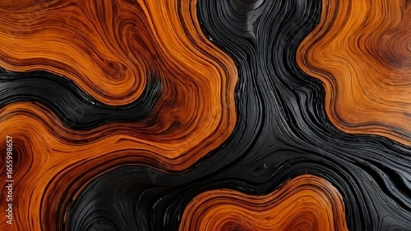 Fototapeta Abstract swirling wood grain texture in rich orange and black tones. Perfect for backgrounds, design projects, or artistic applications.