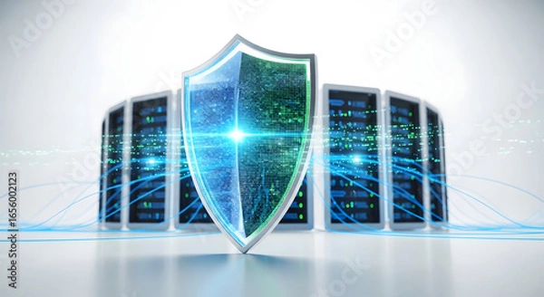 Fototapeta Digital security shield protecting modern server infrastructure. Advanced network protection, data integrity, and robust cybersecurity defense for secure data centers