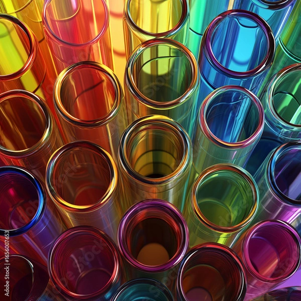 Fototapeta Overhead view of multiple colorful transparent tubes arranged closely together in a vibrant pattern