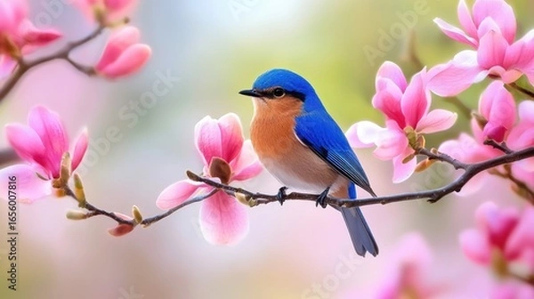 Fototapeta Bluebird perched on a blooming magnolia branch, pink petals and spring air in watercolor