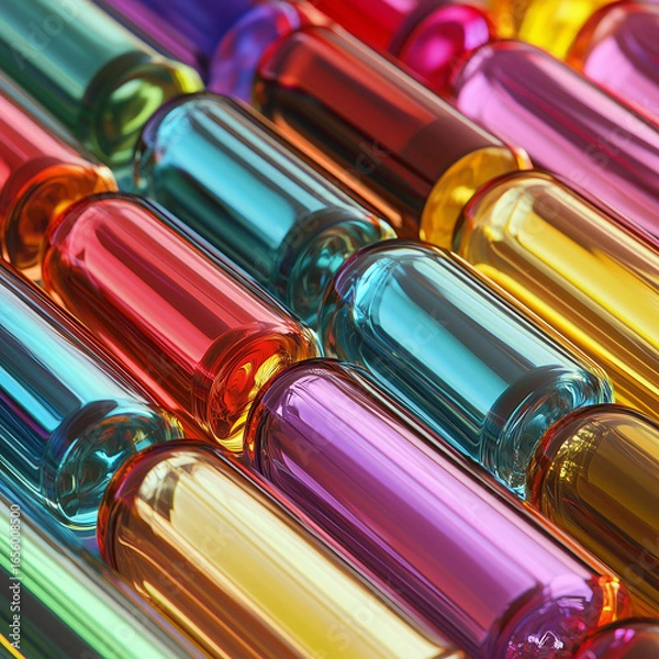 Fototapeta Close up shot of neatly arranged rows of colorful transparent capsules with a glossy and shiny finish