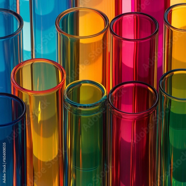Fototapeta A close up view of multiple colorful glass tubes arranged in a group with vibrant light reflections