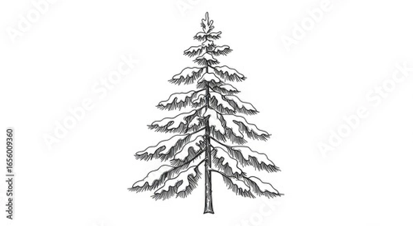 Fototapeta Captivating hand-drawn sketch of a snow-laden pine tree, evoking winter's serene beauty and natural charm for seasonal designs.