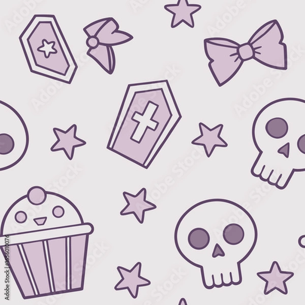 Fototapeta Cute purple skulls bows coffin stars and cupcake pattern vector