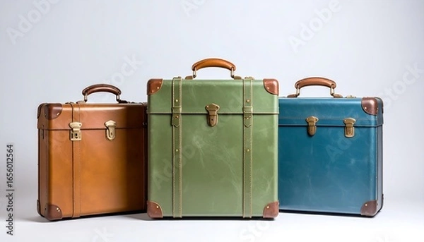 Fototapeta Vintage suitcases in various colors against a plain background.