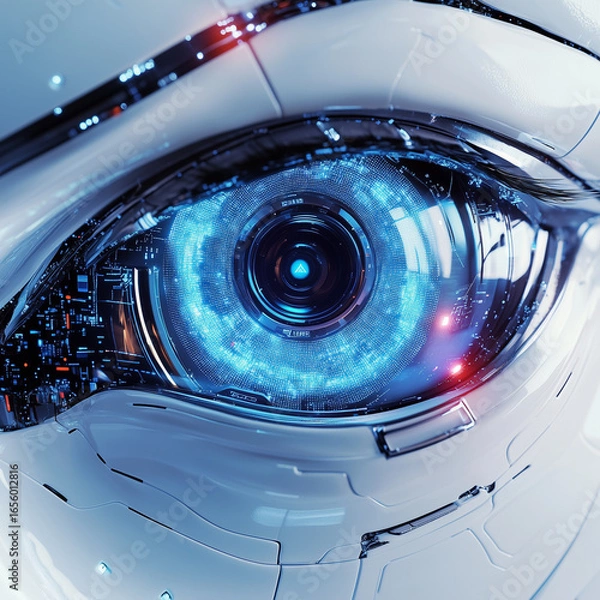 Fototapeta A close up of a robotic eye with intricate details and a glowing blue iris and metallic white skin