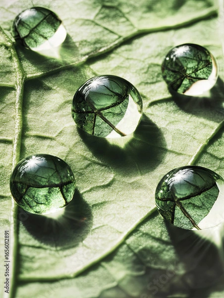 Obraz Morning dew delicately resting on a leafâ€™s edge, reflecting the world in miniature. 