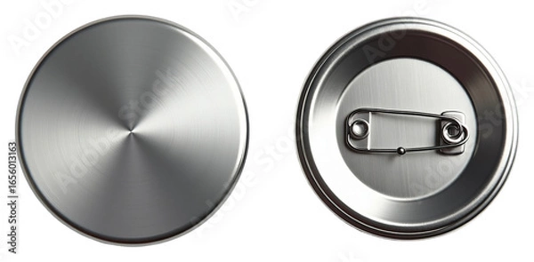 Fototapeta Metal pin badge mockup with safety pin back, isolated on transparent background, shiny stainless steel surface design template
