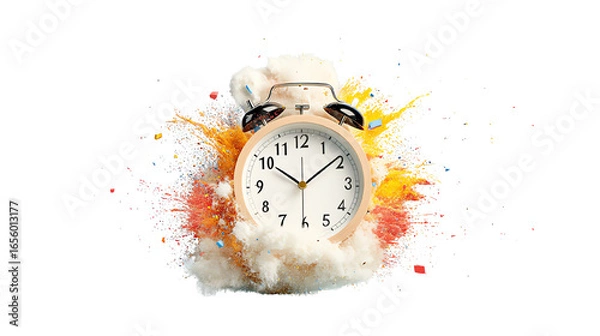 Fototapeta An alarm clock surrounded by a vibrant explosion of colors against a black background.