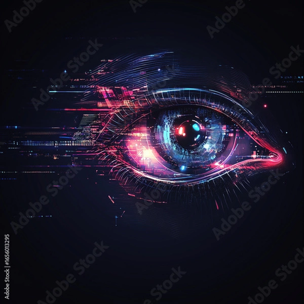 Fototapeta A digitally rendered eye with a dark background and glowing blue and pink accents and digital elements