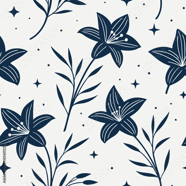 Fototapeta Dark blue lily flowers and star pattern on cream background floral