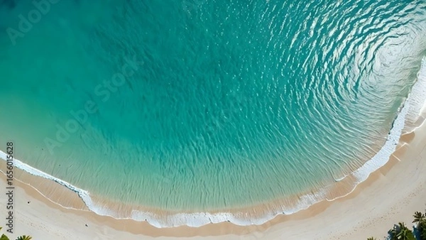 Fototapeta Stunning aerial view of a secluded tropical beach with crystal-clear turquoise water lapping gently at the pristine white sand.