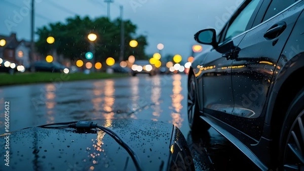 Fototapeta Electric car charging in the rain at night. City lights blurred in the background, creating a moody atmosphere.