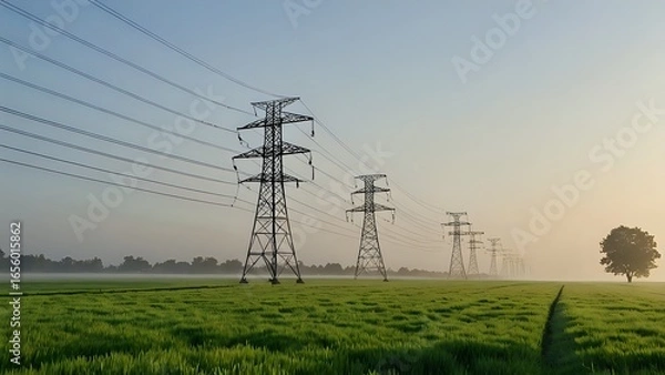 Fototapeta Serene sunrise over a vast green field with tall electricity pylons extending towards the horizon; a solitary tree stands sentinel at the right.