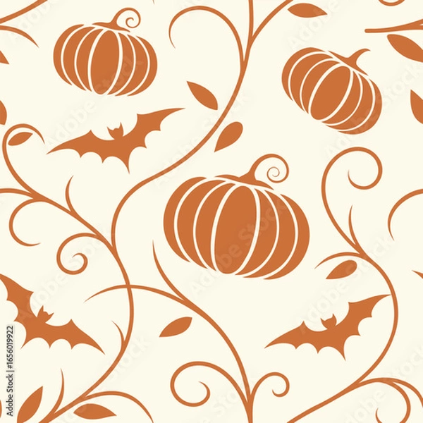 Fototapeta Orange pumpkins and bats on a cream background with swirling vines Halloween