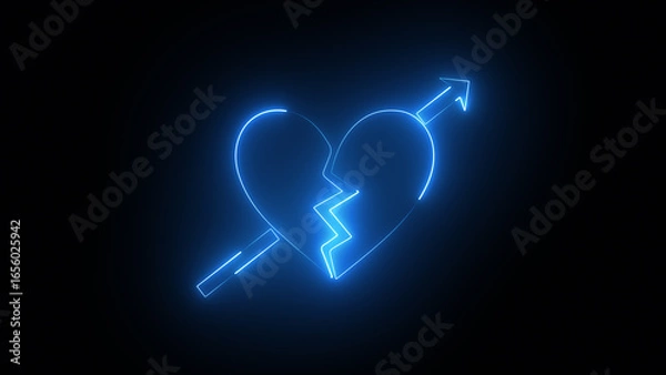 Fototapeta Neon broken heart and arrow, heart with arrow. Broken heart animation.
