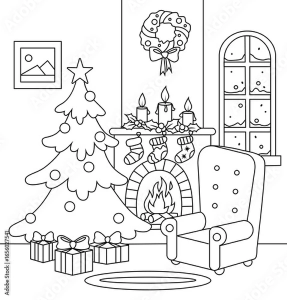 Fototapeta Room of Santa Claus with a fireplace and a Christmas tree. Black and white vector illustration for coloring book