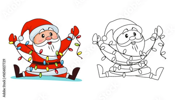 Fototapeta Santa Claus got tangled in Christmas lights. Merry Christmas and Happy New Year. Black and white vector illustration for coloring book with example in color