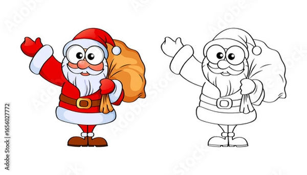 Fototapeta Santa claus with Christmas gifts bag. Merry Christmas and Happy New Year. Black and white illustration for coloring book with example in color