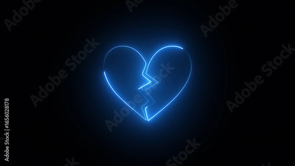 Obraz Neon broken heart animation, Sad love video animation Glowing broken heart neon icon.