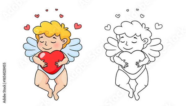 Fototapeta Cute dreaming Cupid with heart is flying. Vector illustration for Valentine's day. Black and white illustration for coloring book with example in color