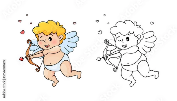 Fototapeta Cute cartoon Cupid with bow, arrow of love and hearts.  Illustration for a Valentine's Day. Black and white vector illustration for coloring book with example in color