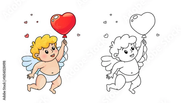 Fototapeta Cute cartoon Cupid with balloon in heart shape. Illustration for a Valentine's Day. Black and white vector illustration for coloring book with example in color