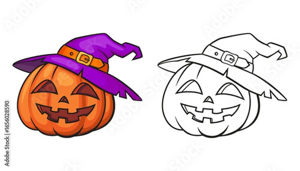 Fototapeta Halloween Pumpkin in witch hat. Black and white vector illustration for coloring book with example in color