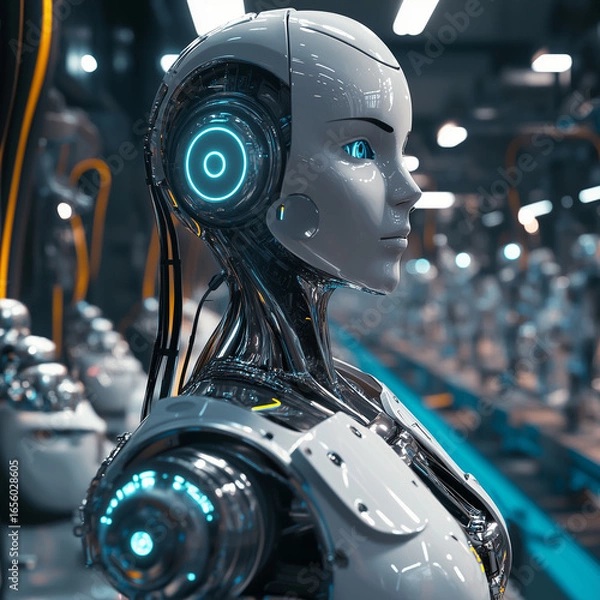 Fototapeta A futuristic robot with glowing blue eyes and headphones standing in a factory environment setting
