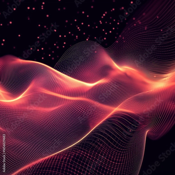 Fototapeta Abstract red and orange wavy lines with small dots in the background on a dark surface tone design