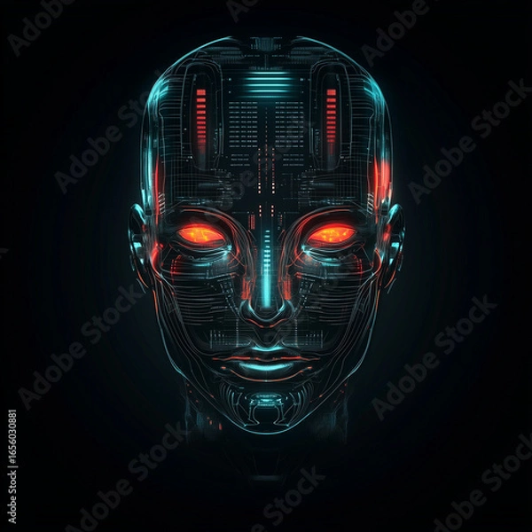 Fototapeta A digital rendering of a humanoid robot head with glowing red eyes on a dark background design art