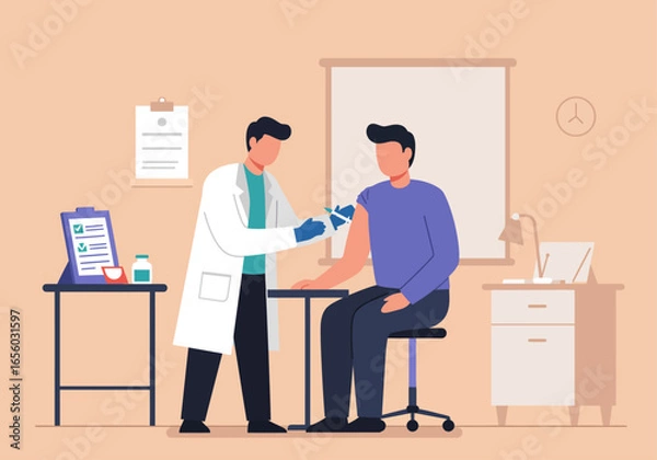 Fototapeta A medical professional administers a vaccine to a patient's arm in a modern doctor's office, emphasizing healthcare and immunization.