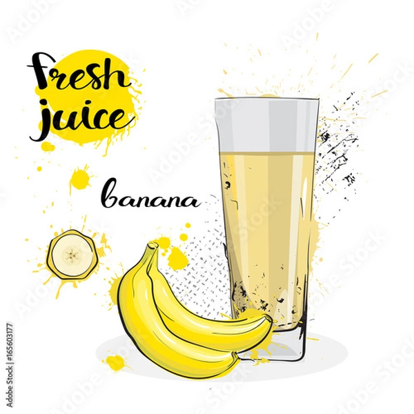 Fototapeta Banana Juice Fresh Hand Drawn Watercolor Fruits And Glass On White Background Vector Illustration